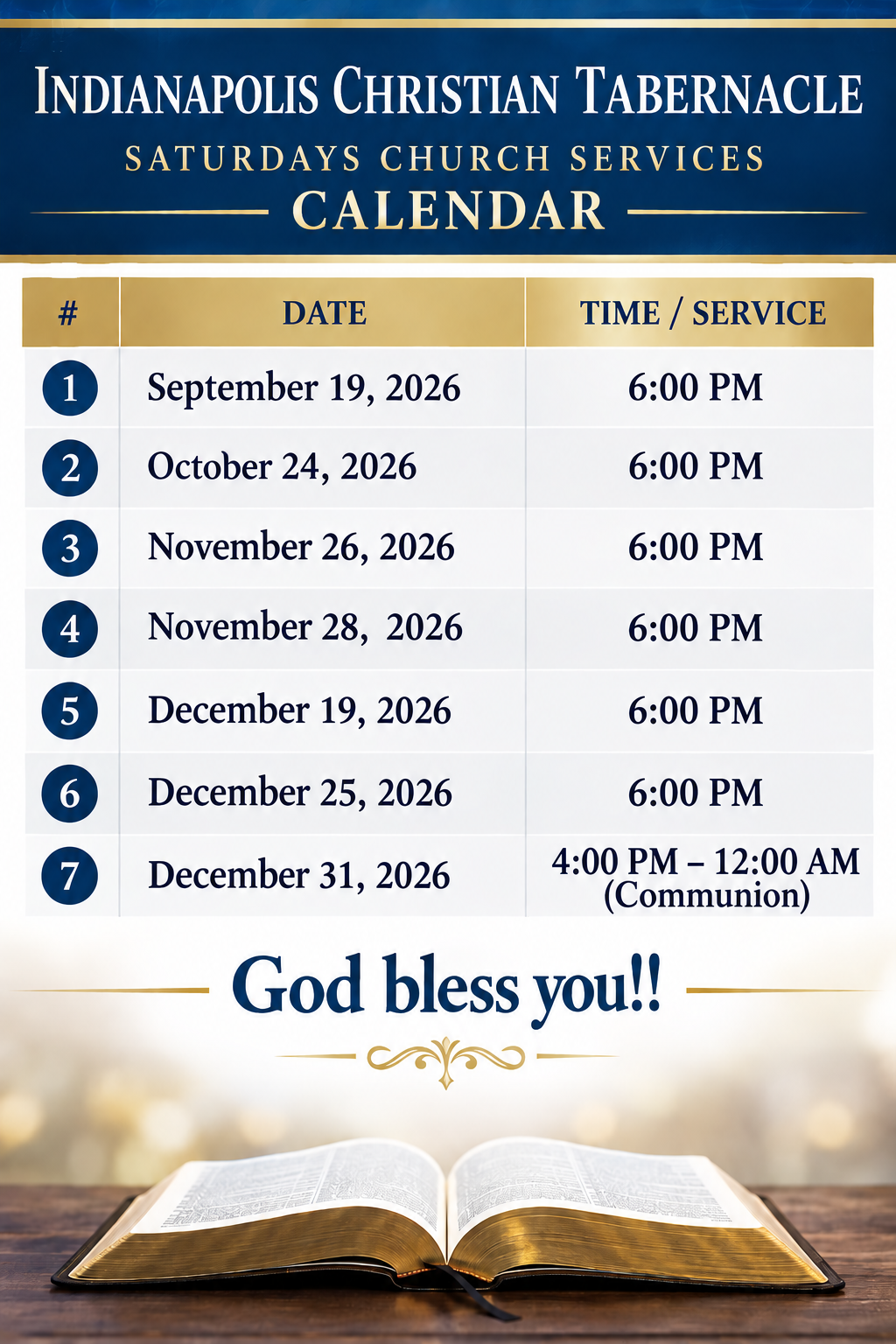 Saturday Special Services Calendar